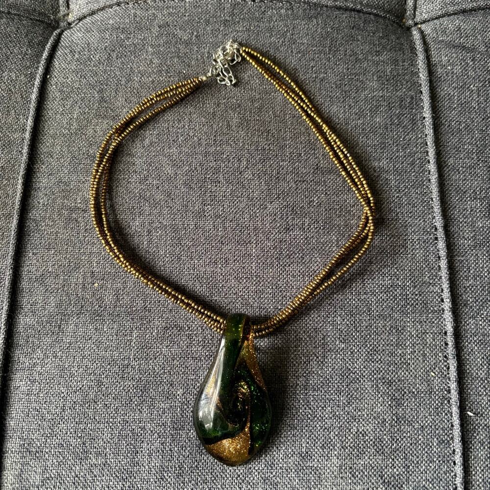 Bronze & Green Drop Pendant Bronze Beaded Fashion Necklace - Costume Jewelry